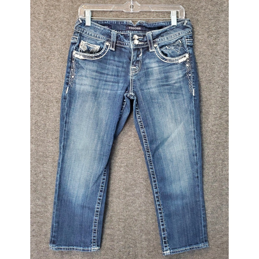Vigoss Capri Jeans Womens Size 3/4 The Dublin Med Wash Rhinestone Leather‎ Bling